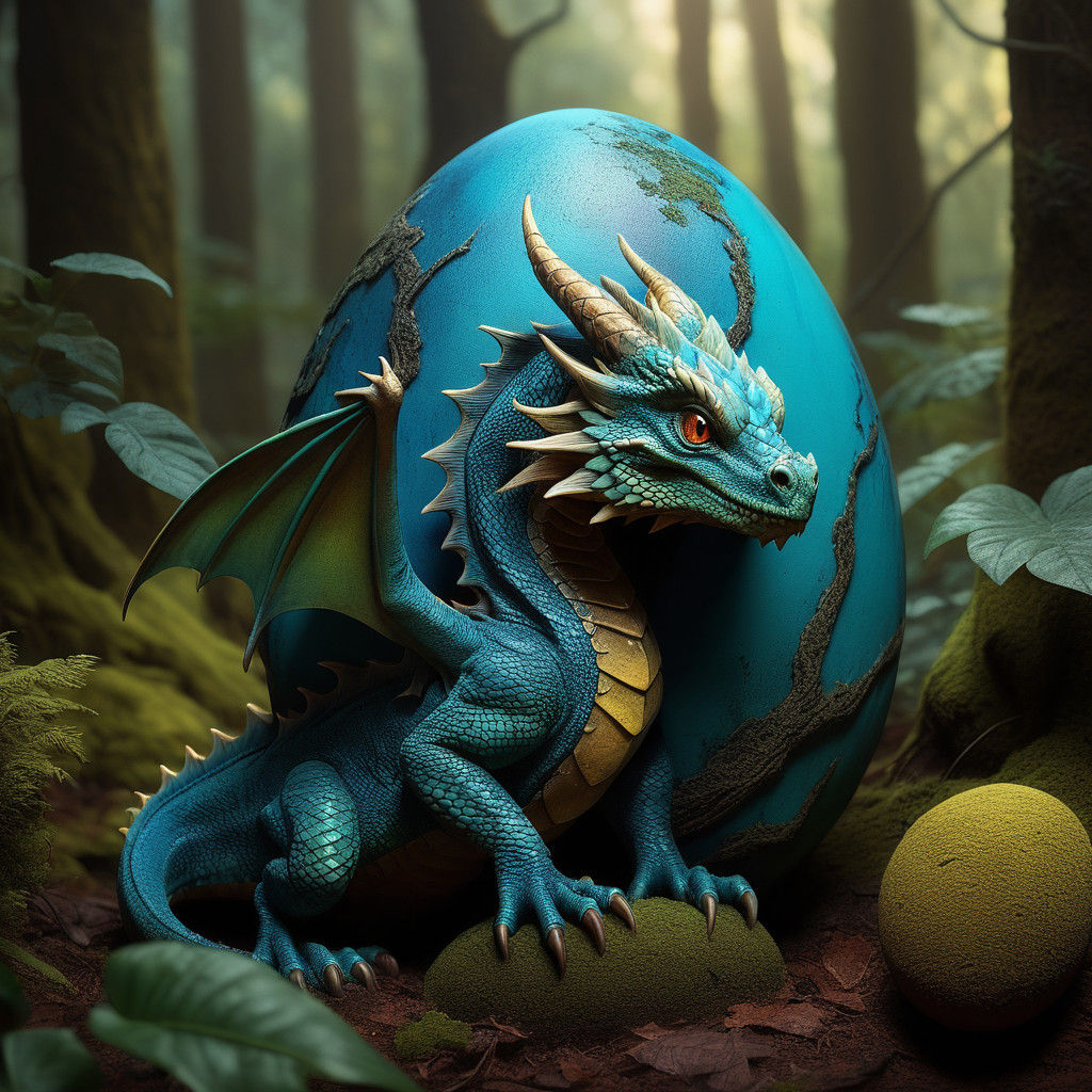 Hyperrealistic Baby Earth Dragon Hatches in Lush Forest Scen...