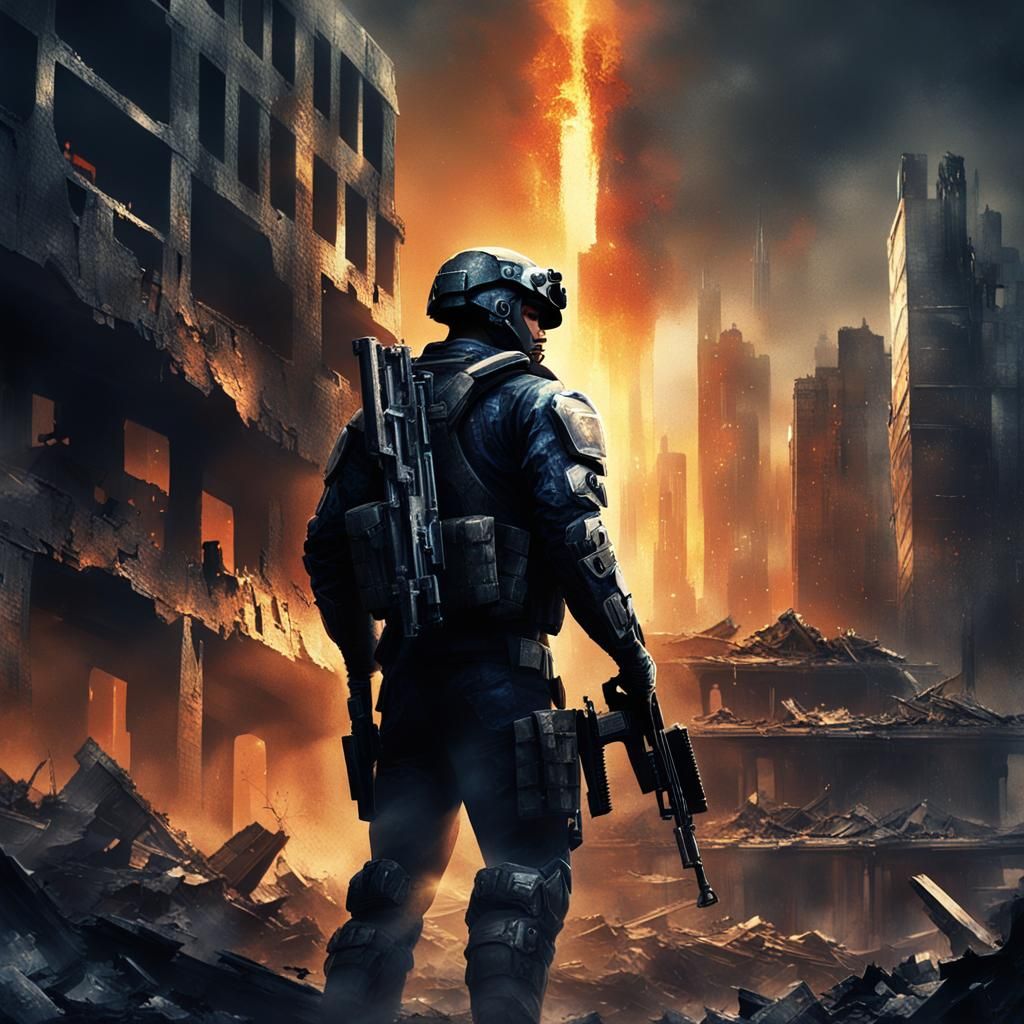 Futuristic Navy Seal in War-Torn Cityscape