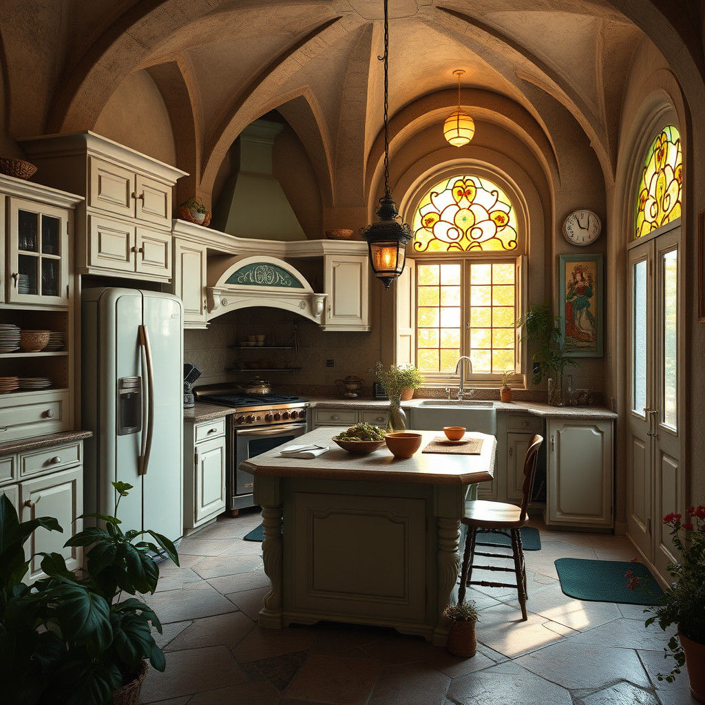 Italian Fantasy Kitchen with Stone Arches, Cinematic Style