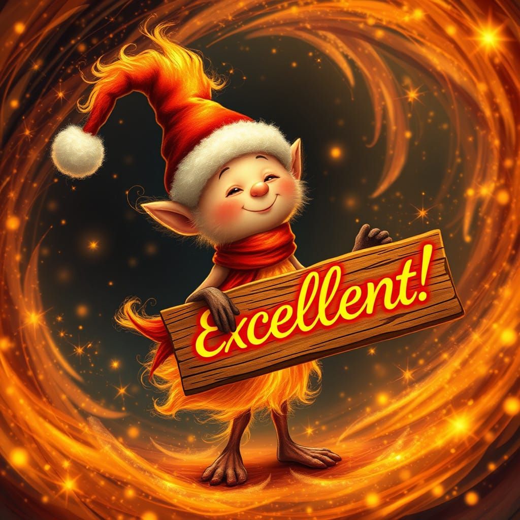 Vibrant Cotton Sprite in Santa Hat Holding Excellent Sign