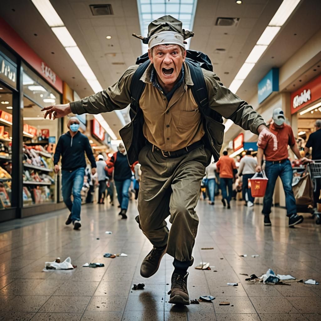 Feral Goiter Man Galloping Through Shopping Mall