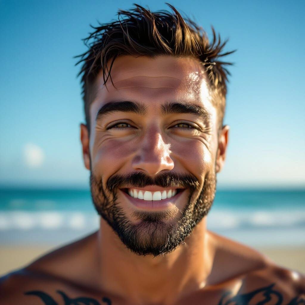 Smiling Man at Sunny Beach, Tattoos Visible, Photorealistic ...