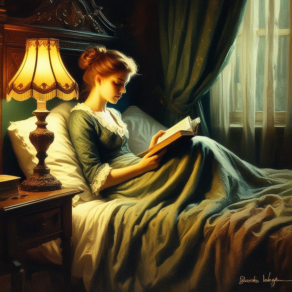 Woman Lost in a Book, in a Warm and Cozy Bed