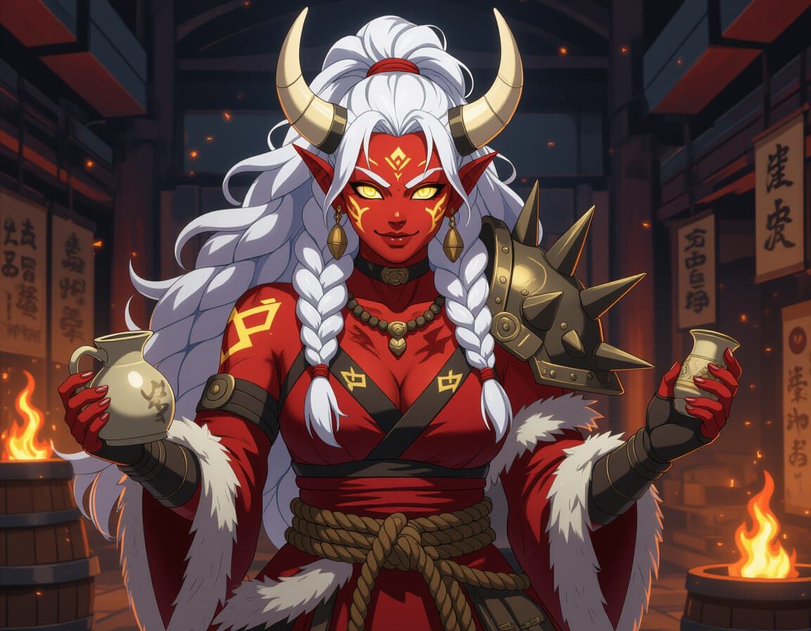 Towering Oni Woman with Kanabō in Starship Mess Hall