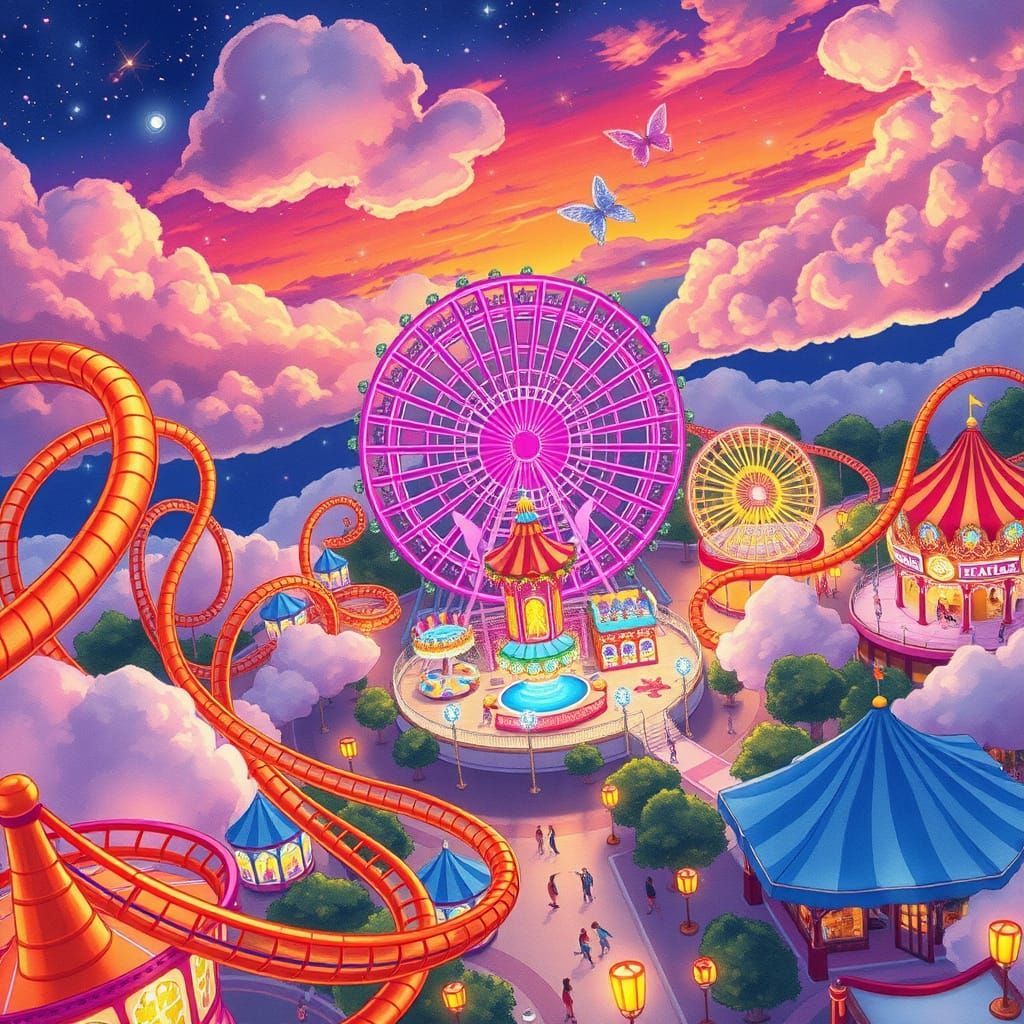 Fantasy Amusement Park at Twilight: Whimsical Watercolor