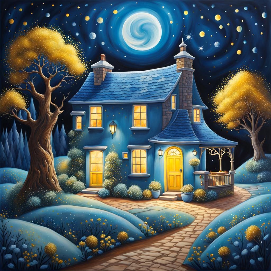 Harmonious Lunar Landscape with Blue House in Art Brut Style