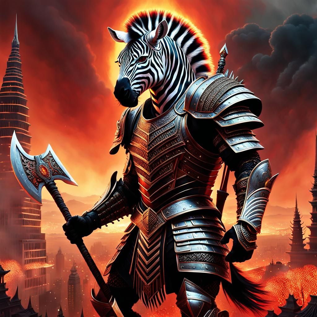Zebra Warrior in Apocalyptic Battle, Fantasy Art