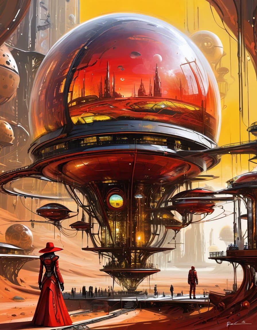 Steampunk Cowboy in Red Dress on Mars Runway