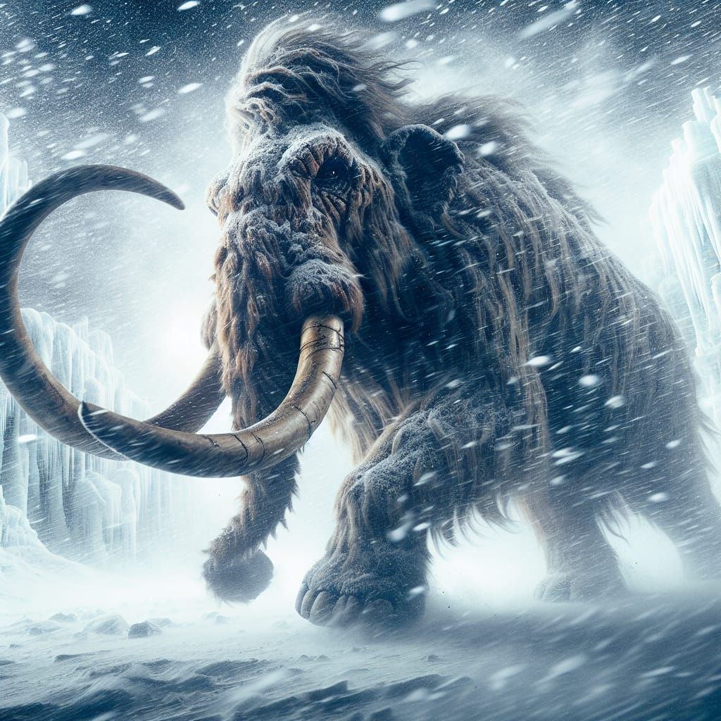 Majestic Woolly Mammoth Charges Through a Swirling Snowstorm