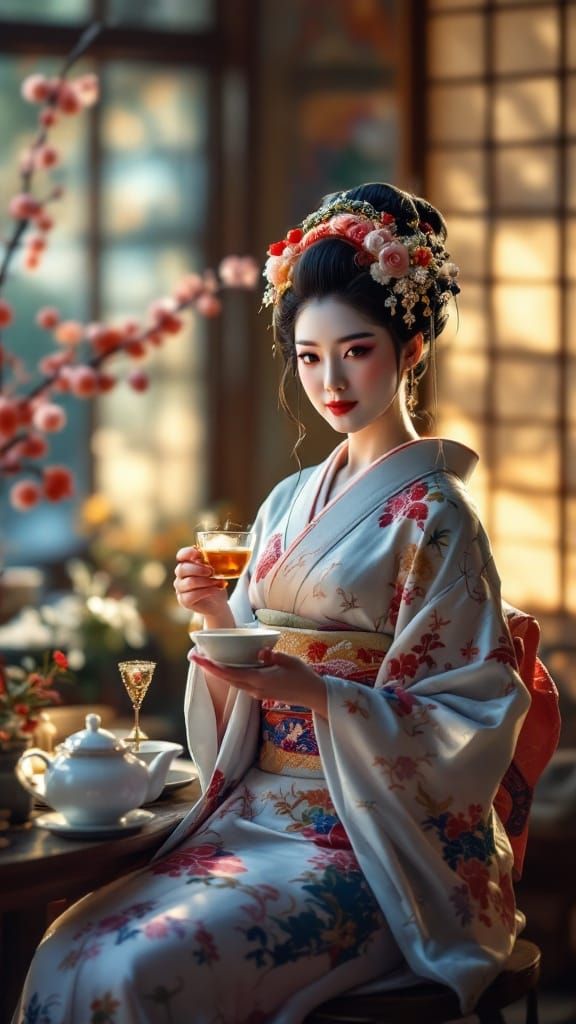 Traditional Geisha Serves Tea in Whimsical Fantasy Home