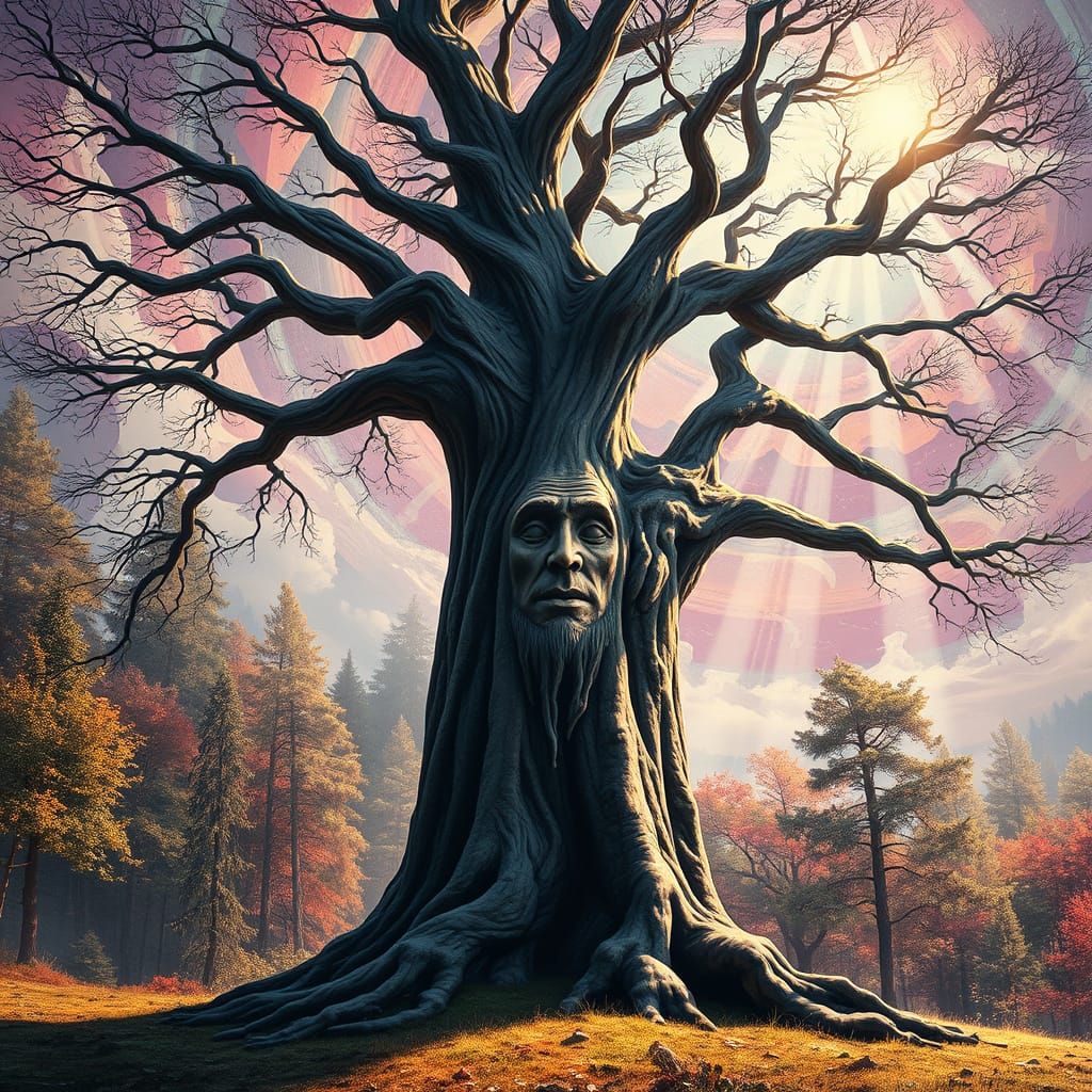 Surreal Forest: Wise Tree with Kaleidoscopic Sky