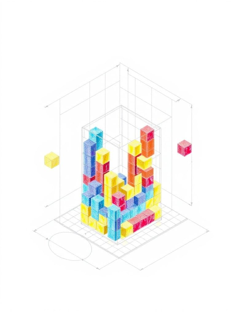 3D Wireframe Tetris Explosion in Pixar Style