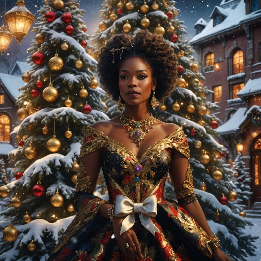 Christmas Portrait: Elegant Black Woman with Grand Snow-Cove...