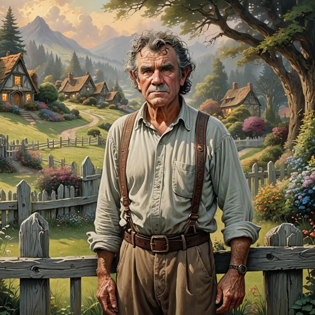Grumpy Hobbit in Ethereal Fantasy Landscape