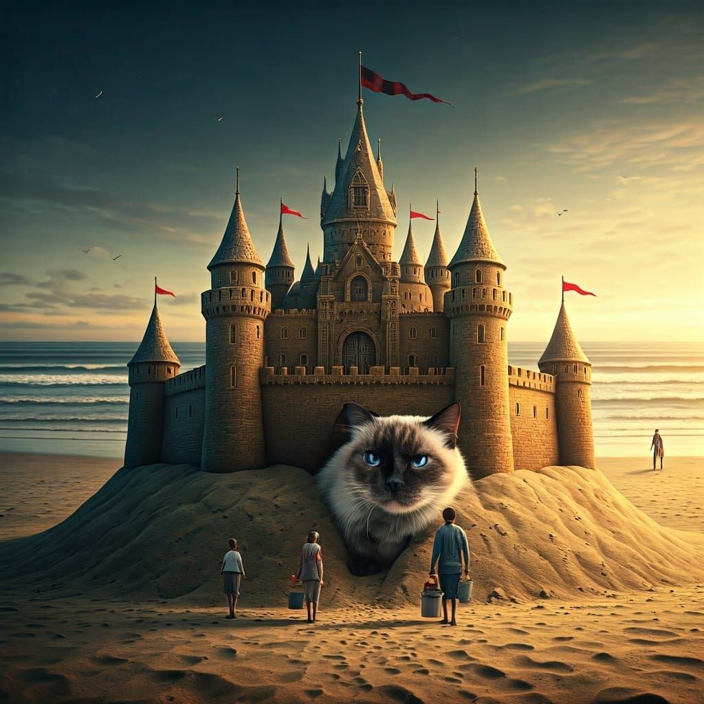 Surreal Siamese Cat Emerges From Sandcastle