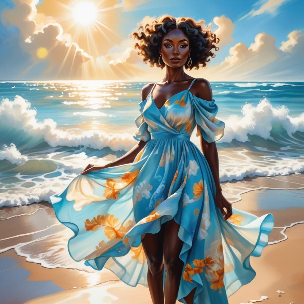 Sun-Kissed Woman on Beach in Pulp Adventure Style