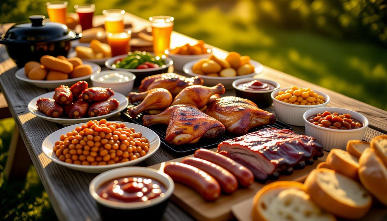 Sumptuous BBQ Feast on Picnic Table with Golden Hour Lightin...