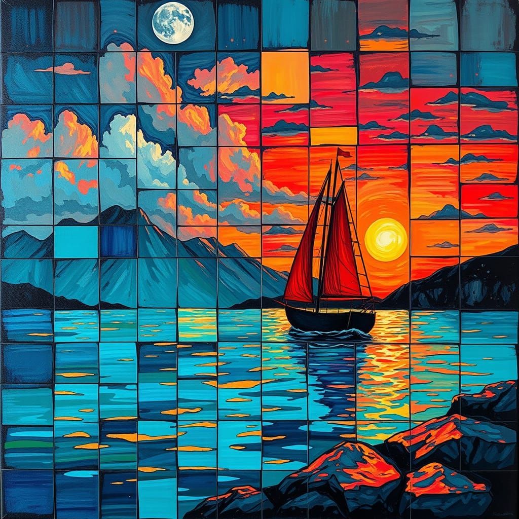 Cubist Sailboat at Sunset, Impasto Oil Painting