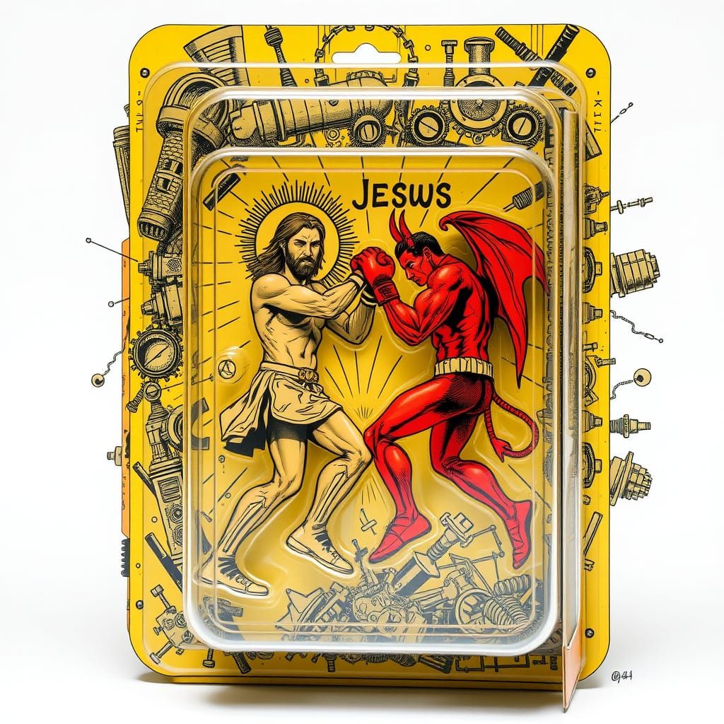 A retro-futuristic, graphic novel-inspired action figure box featuring Jesus wrestling the devil , boxing match, clad in...