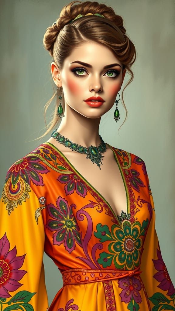 Elegant Woman with Green Eyes in Art Nouveau Style