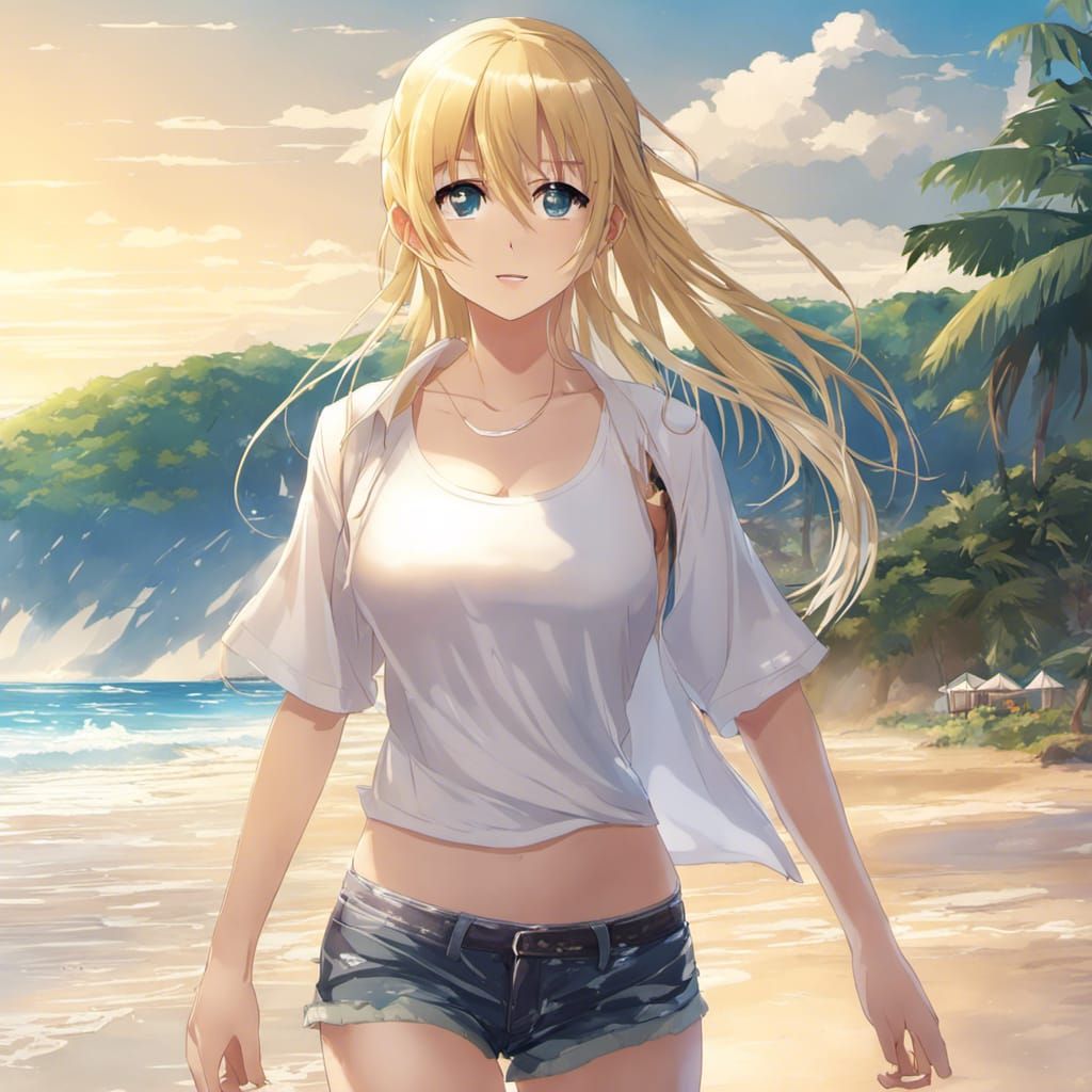 Anime Girl with Blonde Hair on the Beach