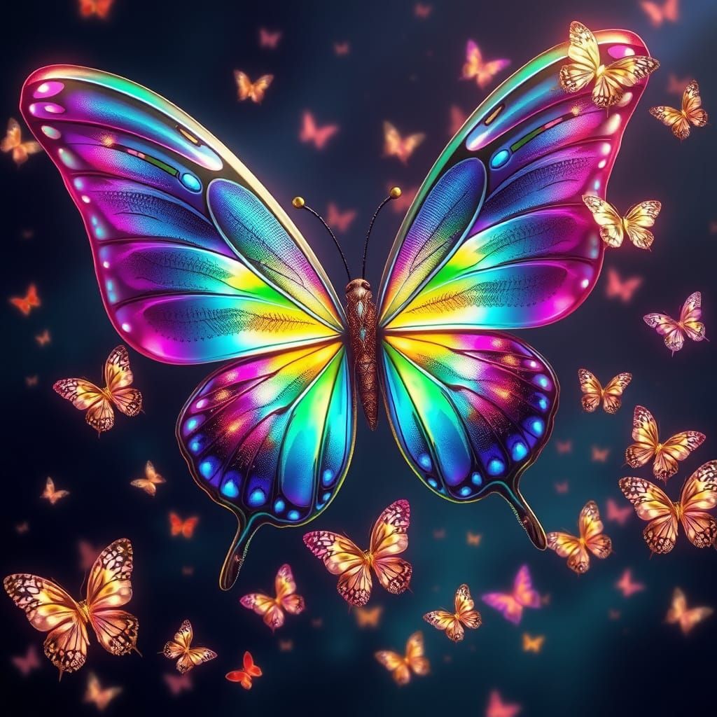 Majestic Butterfly in Shimmering Hues with Delicate Companio...