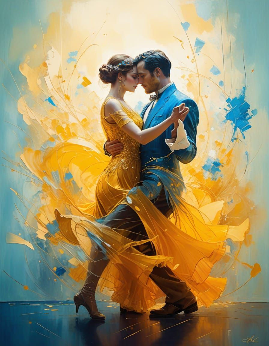 Ethereal Art Deco Couple Dancing Under a Vibrant Blue and Ye...