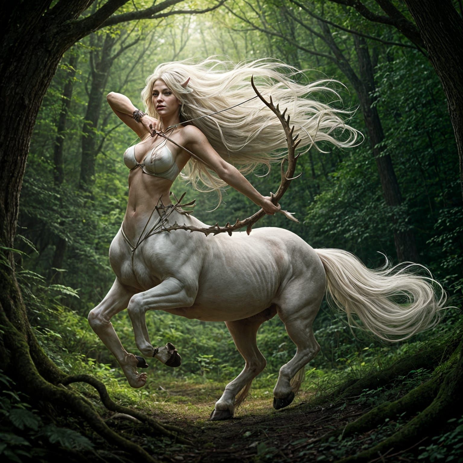 a beautiful white female centaur with long flowing hair and a tail turns back and shoots from a bow. drawn in detail. ru...