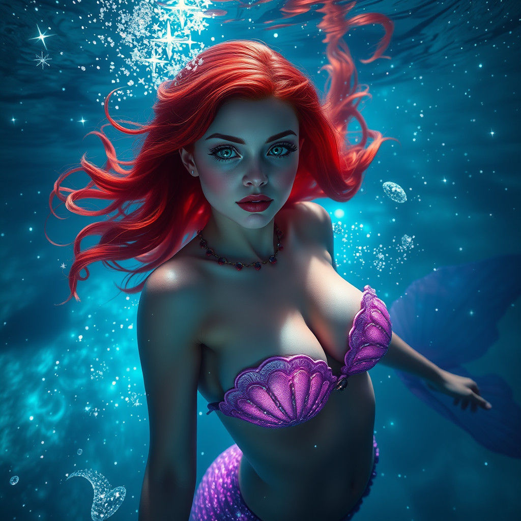 Red-Haired Mermaid in Bioluminescent Ocean, Fantasy Art