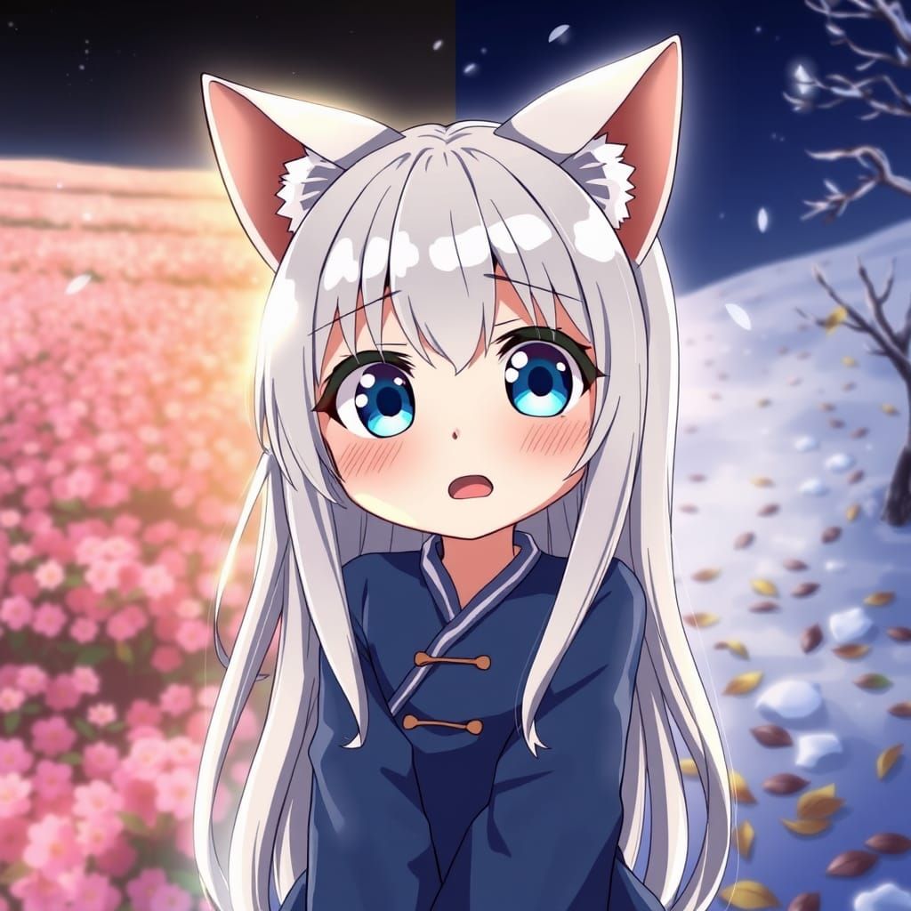 Anime Catgirl in a Split Season Landscape