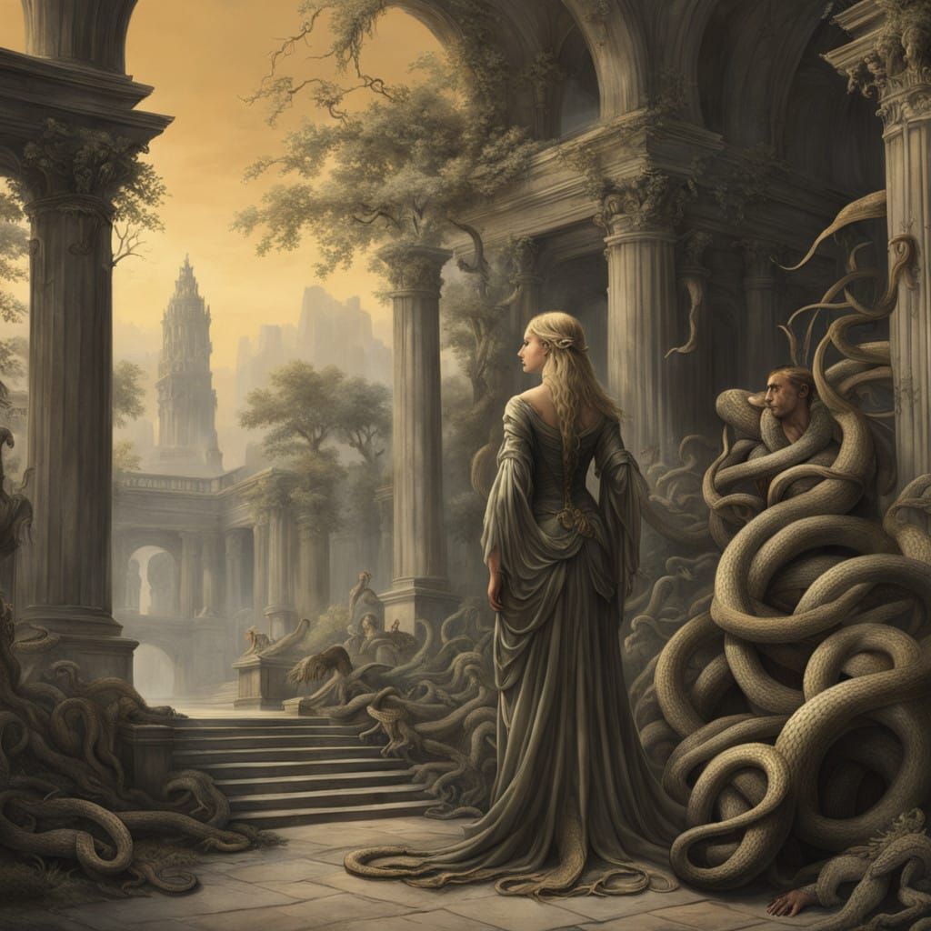 Girl with Snakes Hugging Blind Boy in Ancient Temple