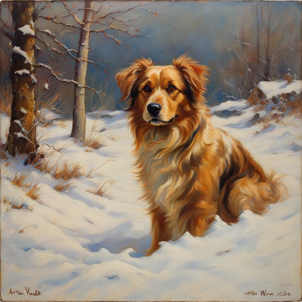 Dogs Play in Snow: Encaustic Painting