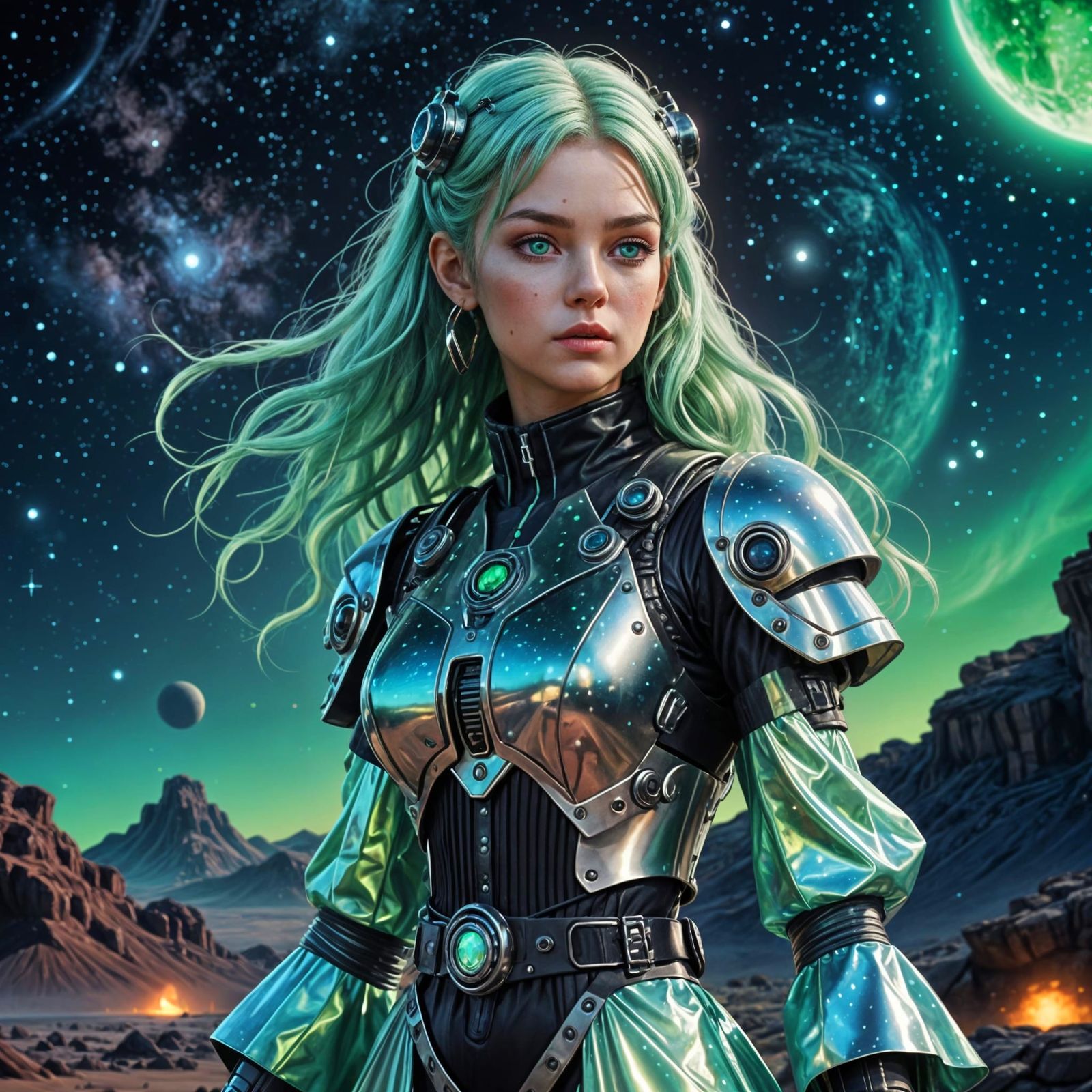 Cyberpunk Pirate Princess in Futuristic Galactic Attire