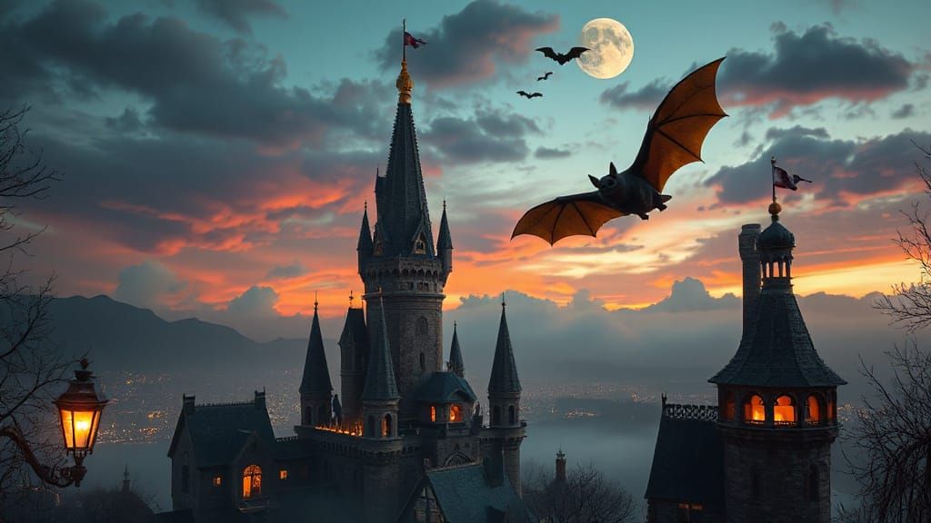 Ethereal Vampire Bat Takes Flight Over Whimsey Tower in Cybe...