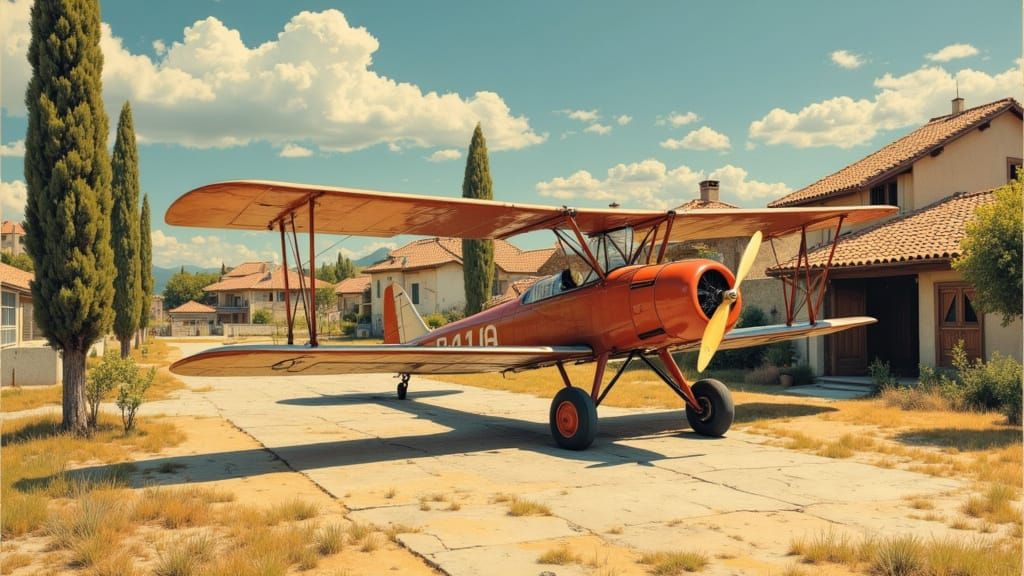 Vintage Biplane on Italian Airfield as Impressionist Art