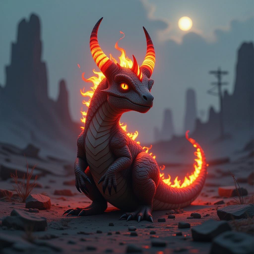 Fiery Baby Rex in Post-Apocalyptic Landscape