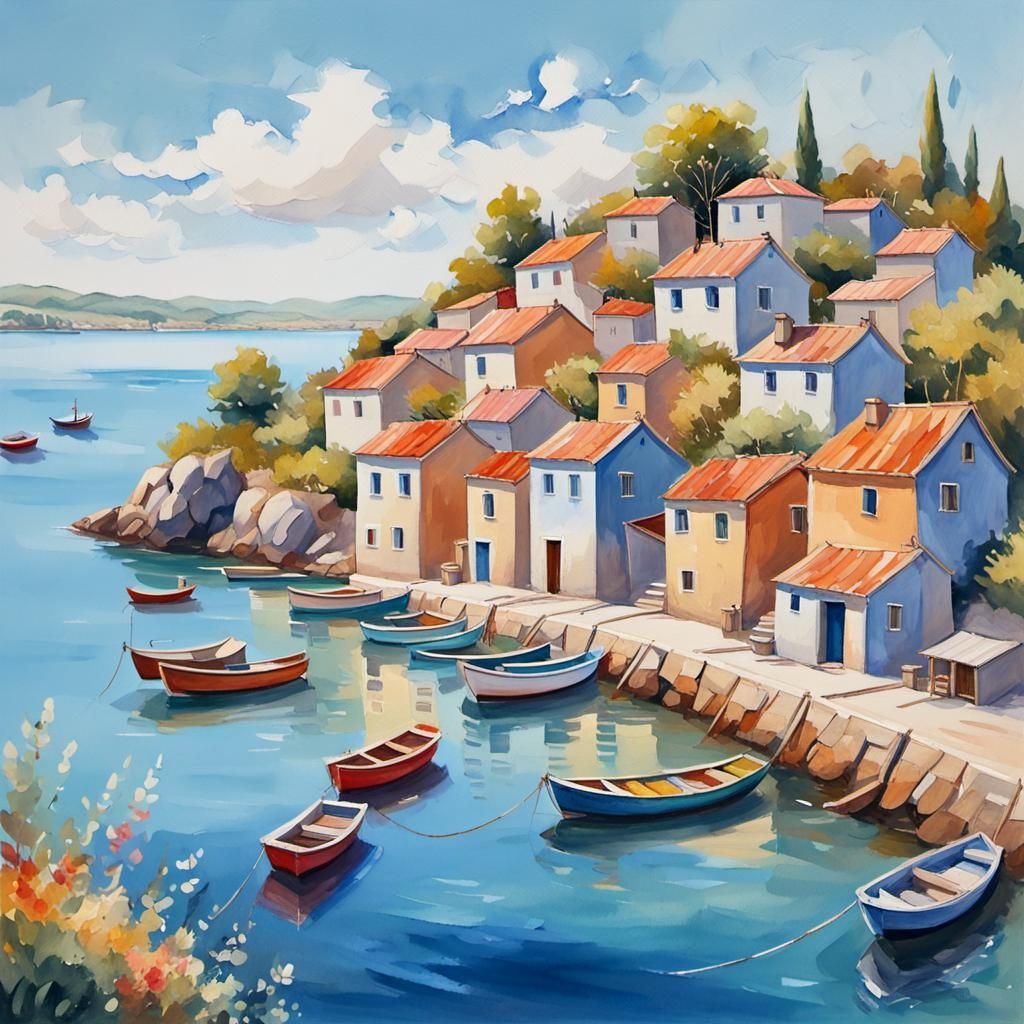 Coastal Village in Impressionist Gouache Style