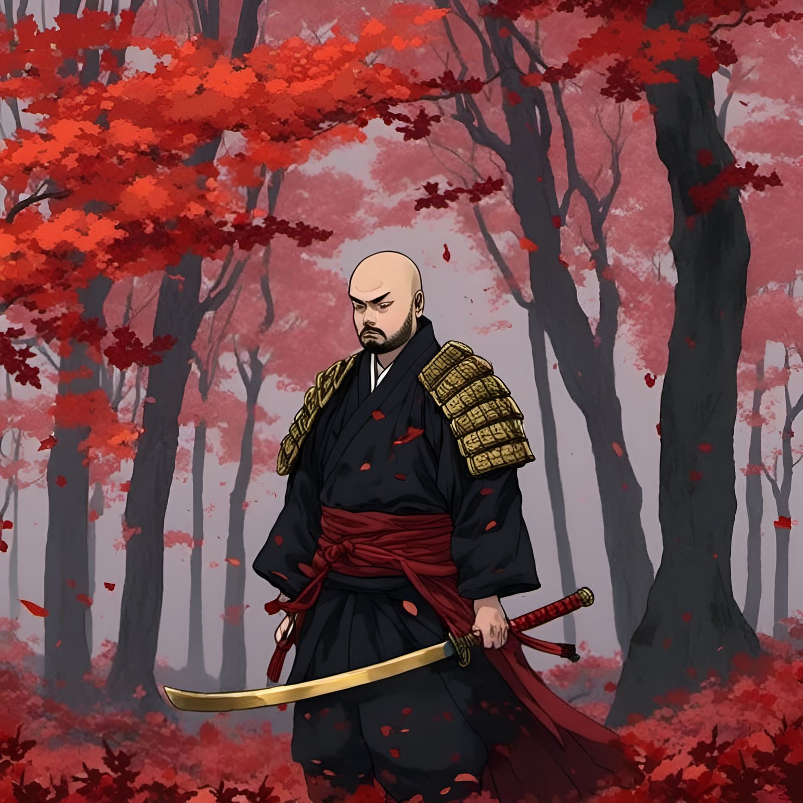 Samurai Portrait in Anime Style with Autumn Leaves
