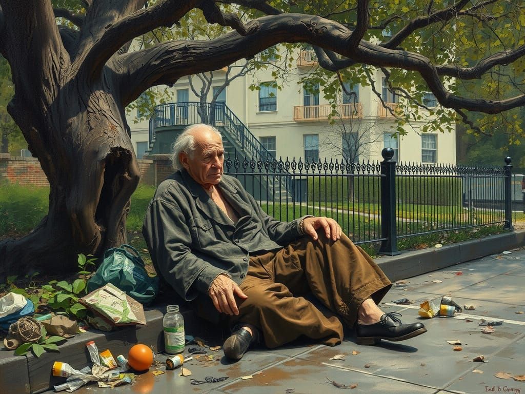 Tramp Resting Under Tree: Realistic Oil Painting