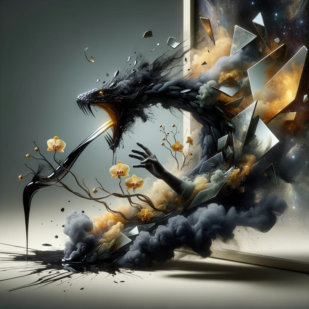 Abstract Serpent Emerges from Fragmented Mirrors in a Kaleid...