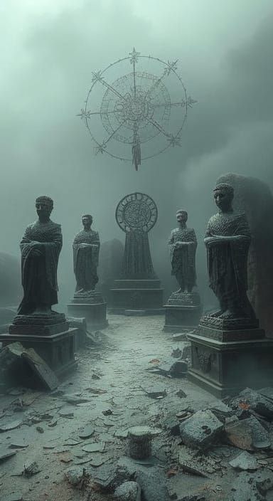 Decaying Dreamscape with Melted Statues and Fading Symbols