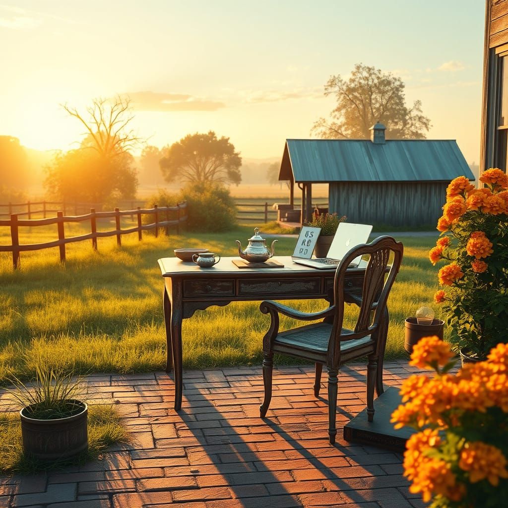 Rustic Sunrise Oasis in Whimsical Watercolor