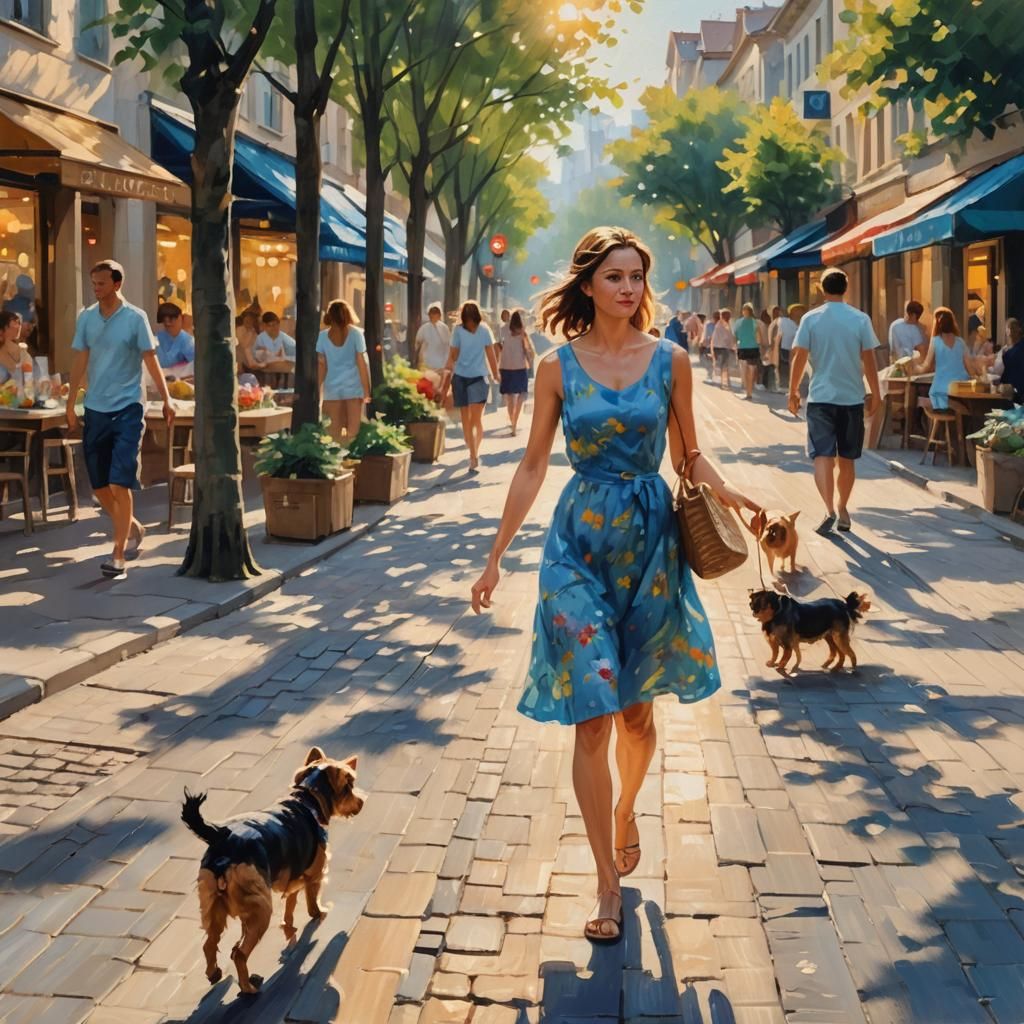 Impressionist City Scene with Woman and Dog