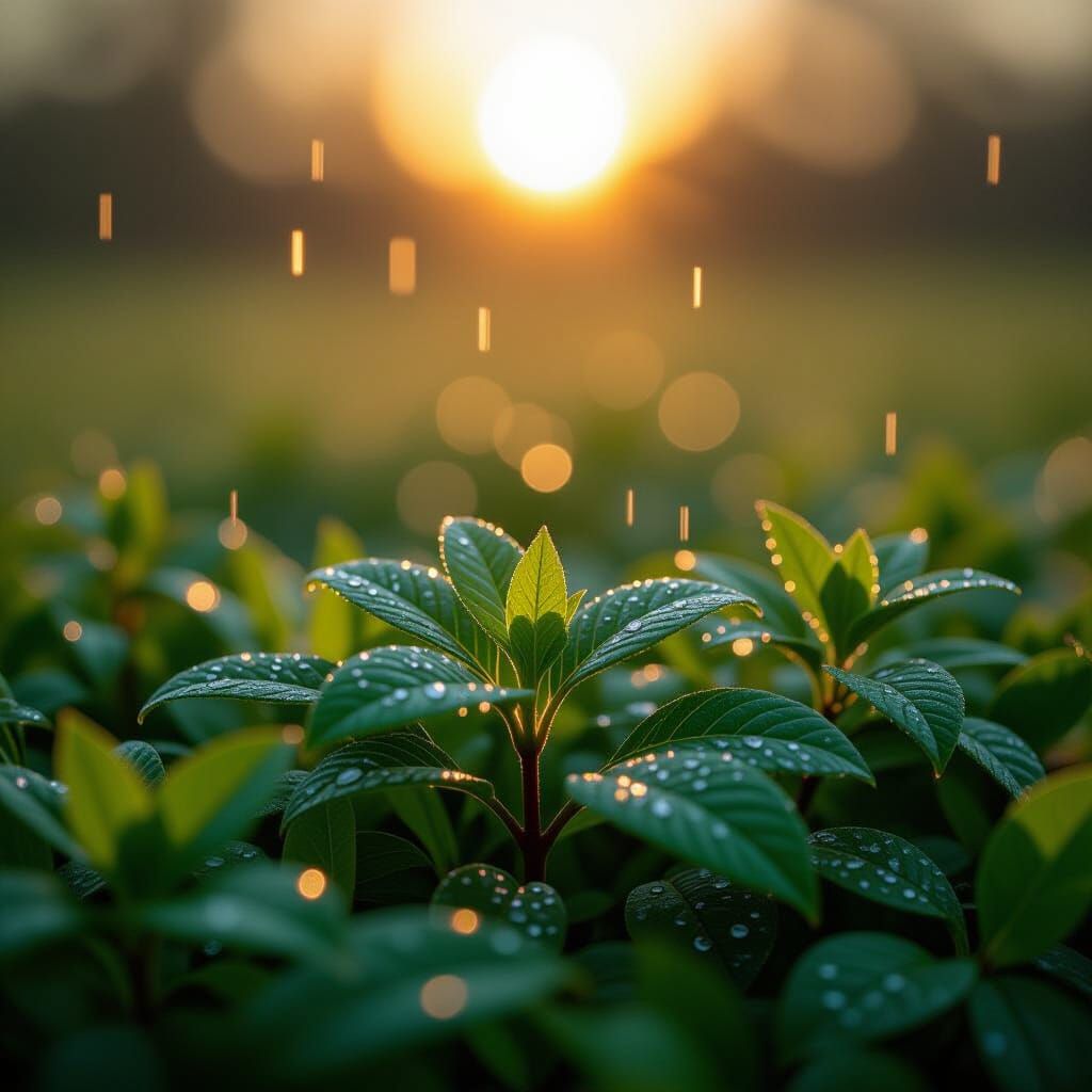 Sun-Dappled Raindrops on Greenery: Hyperrealistic Landscape