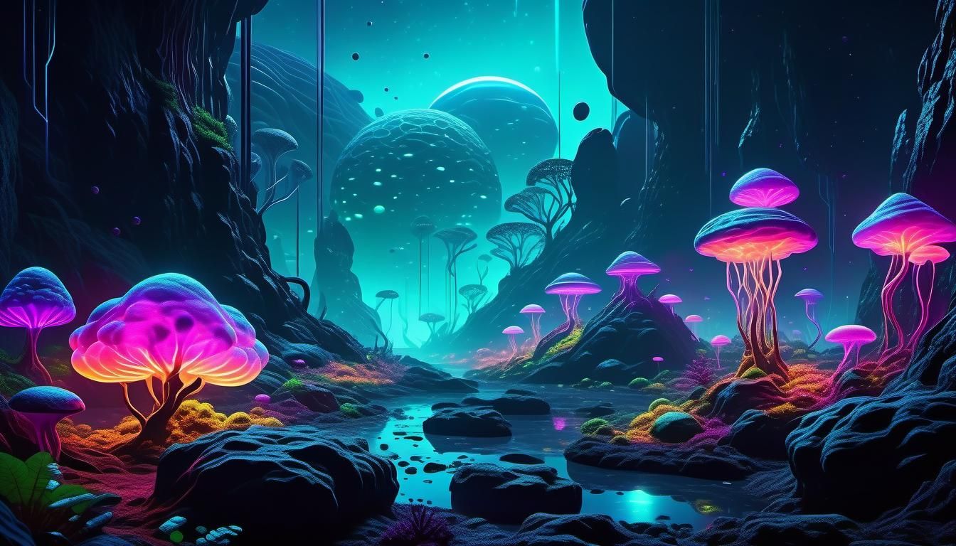 Bioluminescent Sci-Fi Ecosystem in Vibrant, Neon Colors