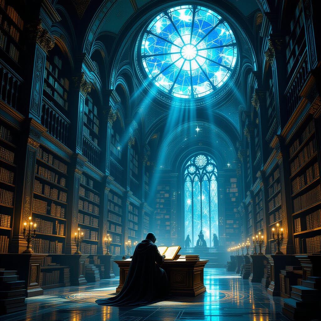 Ancient Library Illuminated by Bioluminescent Flora