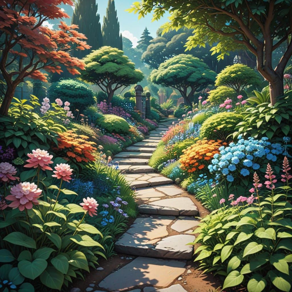 Vibrant Garden Scene in Anime Style