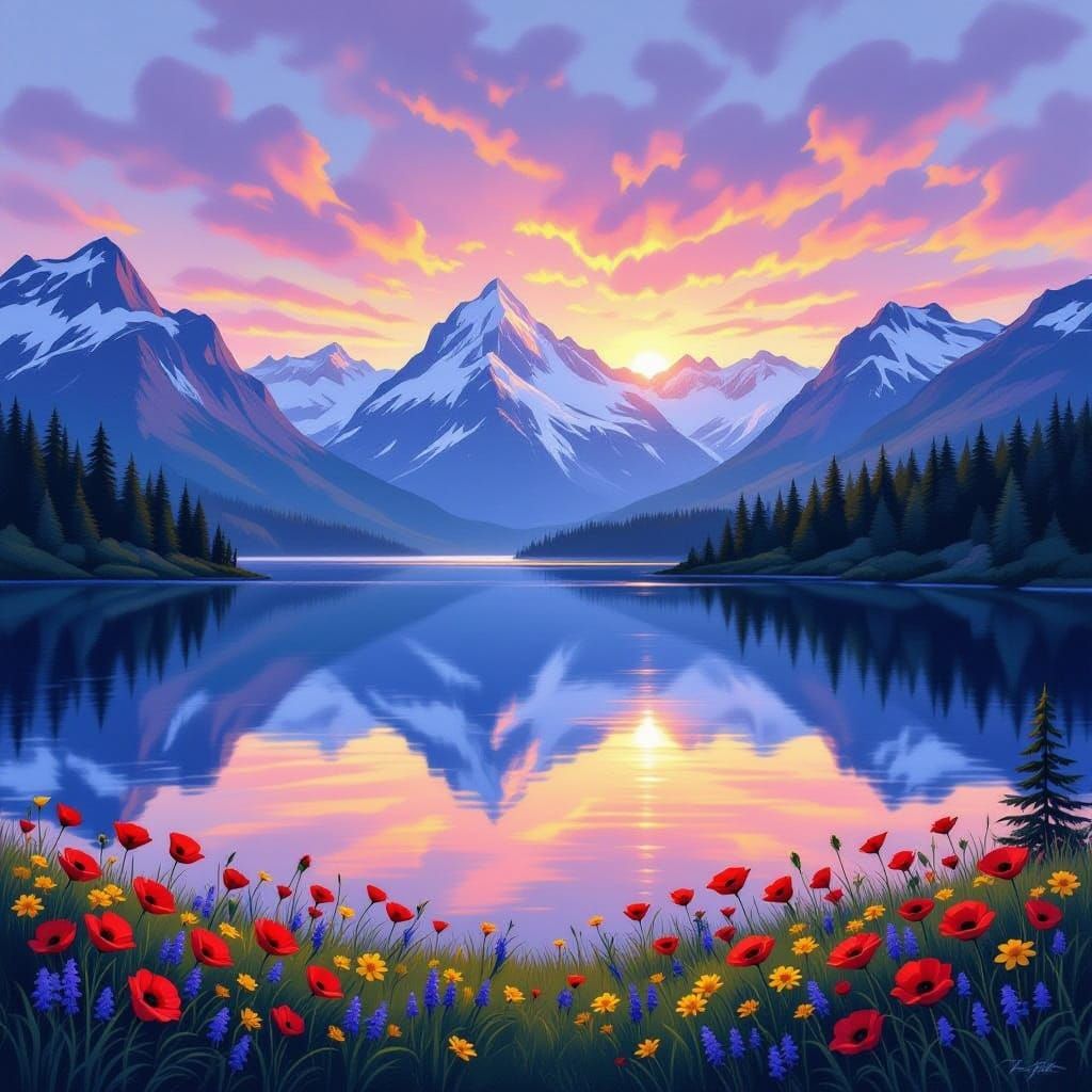 Tranquil Mountain Lake Reflection Landscape Painting