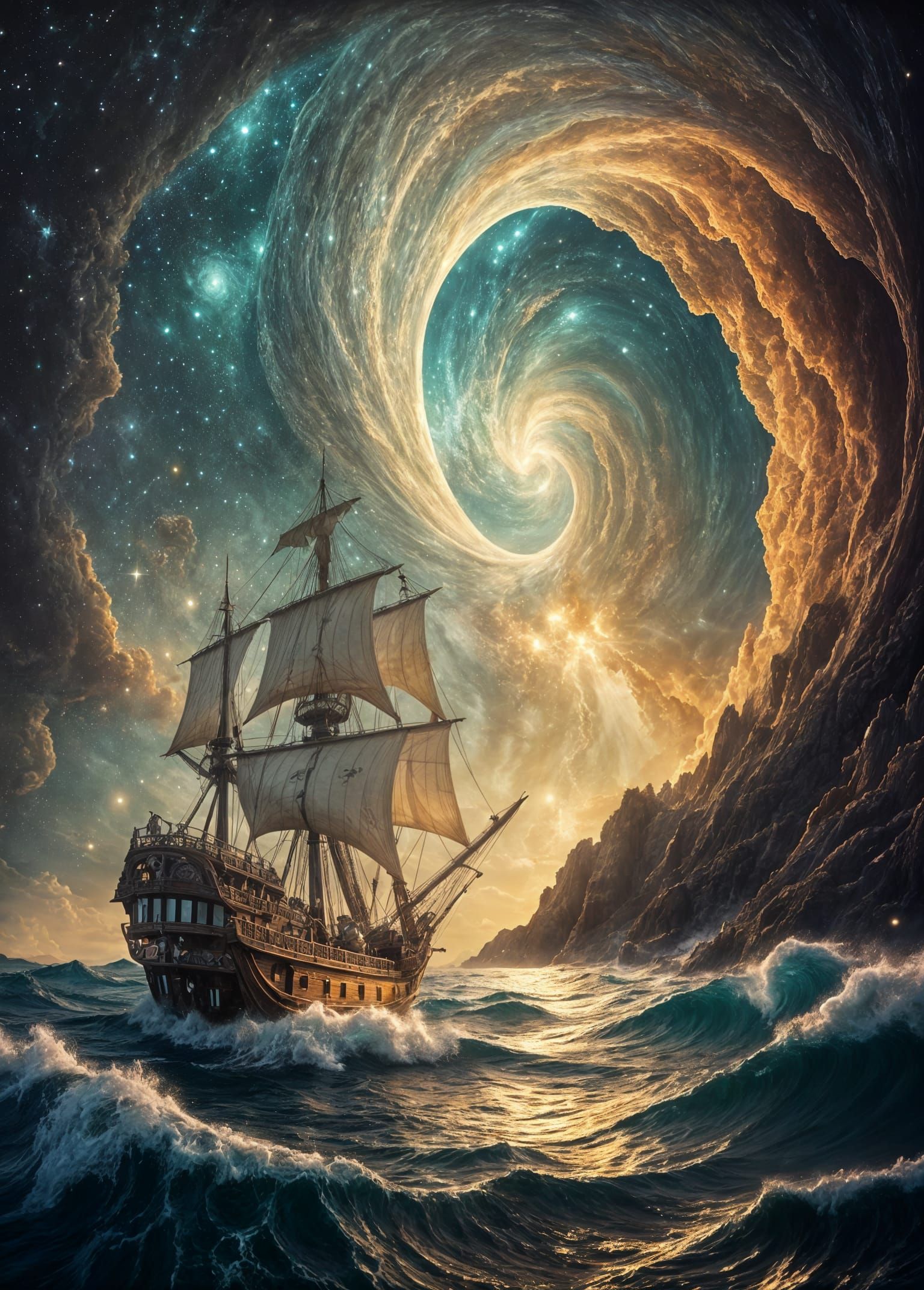 Majestic Pirate Ship Emerge from Cosmic Vortex