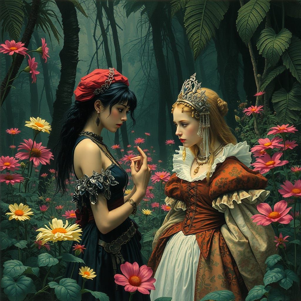 Dark Fantasy Cyberpunk Girl Meets Queen Elizabeth in a Bloom...